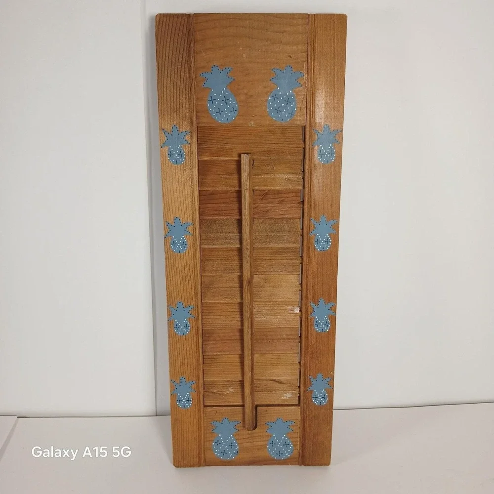 Artist Painted Wood Window Shutter Blind Vtg USA Wall Mount Panel Pineapple Blue